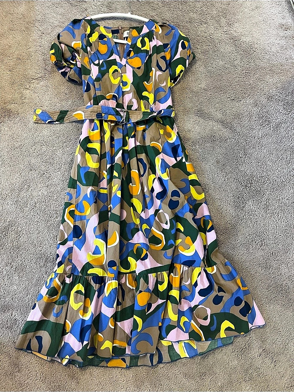 DVF Lindy Cotton Midi Dress Puff Sleeve Belted Print Size 6 Like New